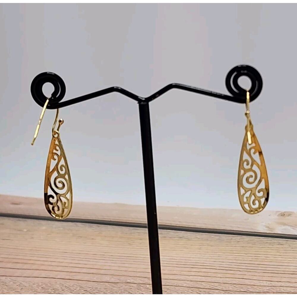 Yellow Gold Plated Sterling Silver Teardrop Filigree Drop Dangle Hook Earrings - Picture 3 of 9